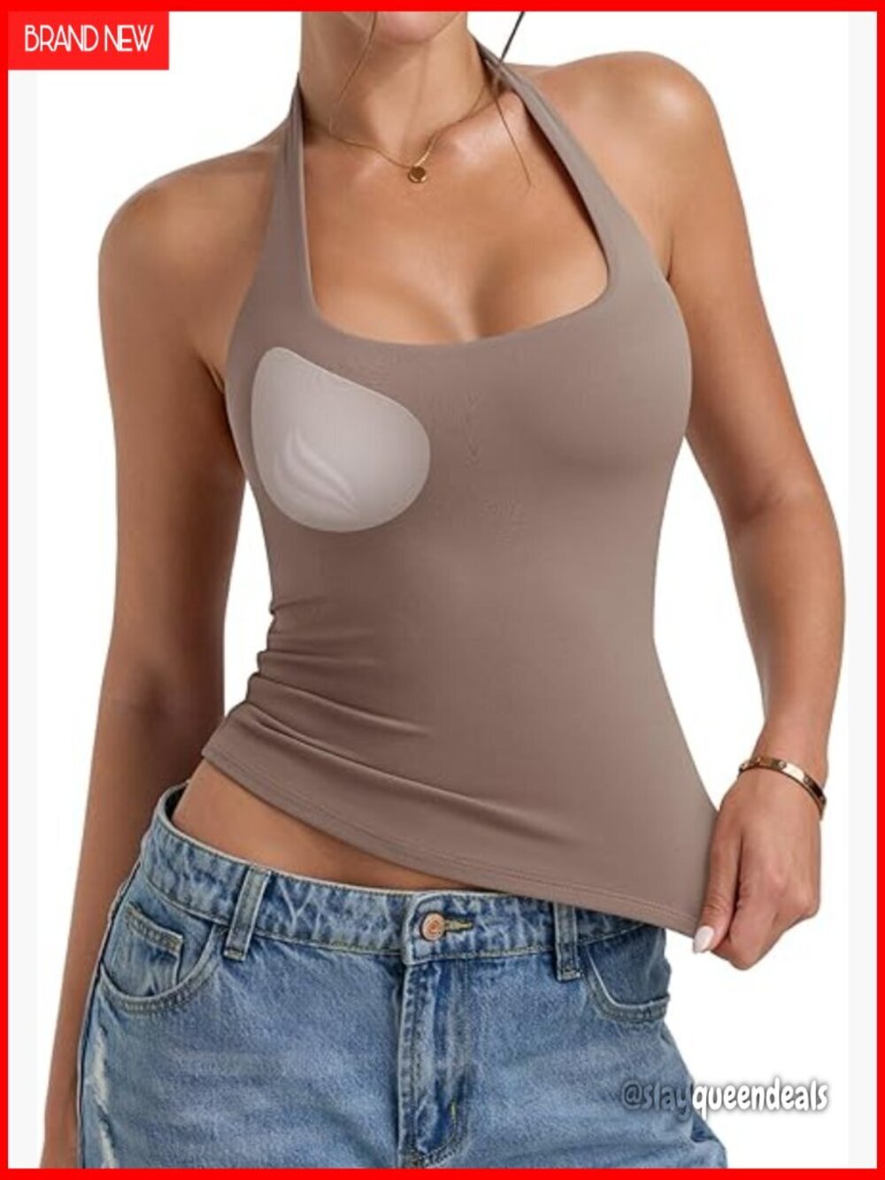 Slim Fit Halter Tank Top with Removable Pads, Built-in Bra, Backless Design
